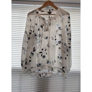 A.N.A. Womens XS‎ White & Blue Floral Ruffles LS Lace-up Peasant Blouse
